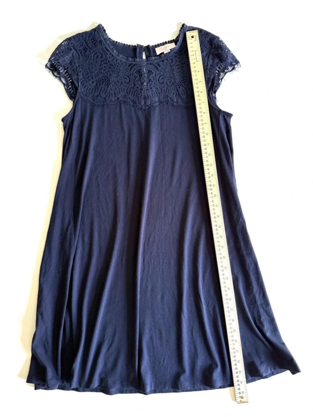 LOFT Navy Blue Lace Yoke Cap Sleeve Mini Swing Dress A-Line Crochet Detail Sz S - Picture 14 of 14